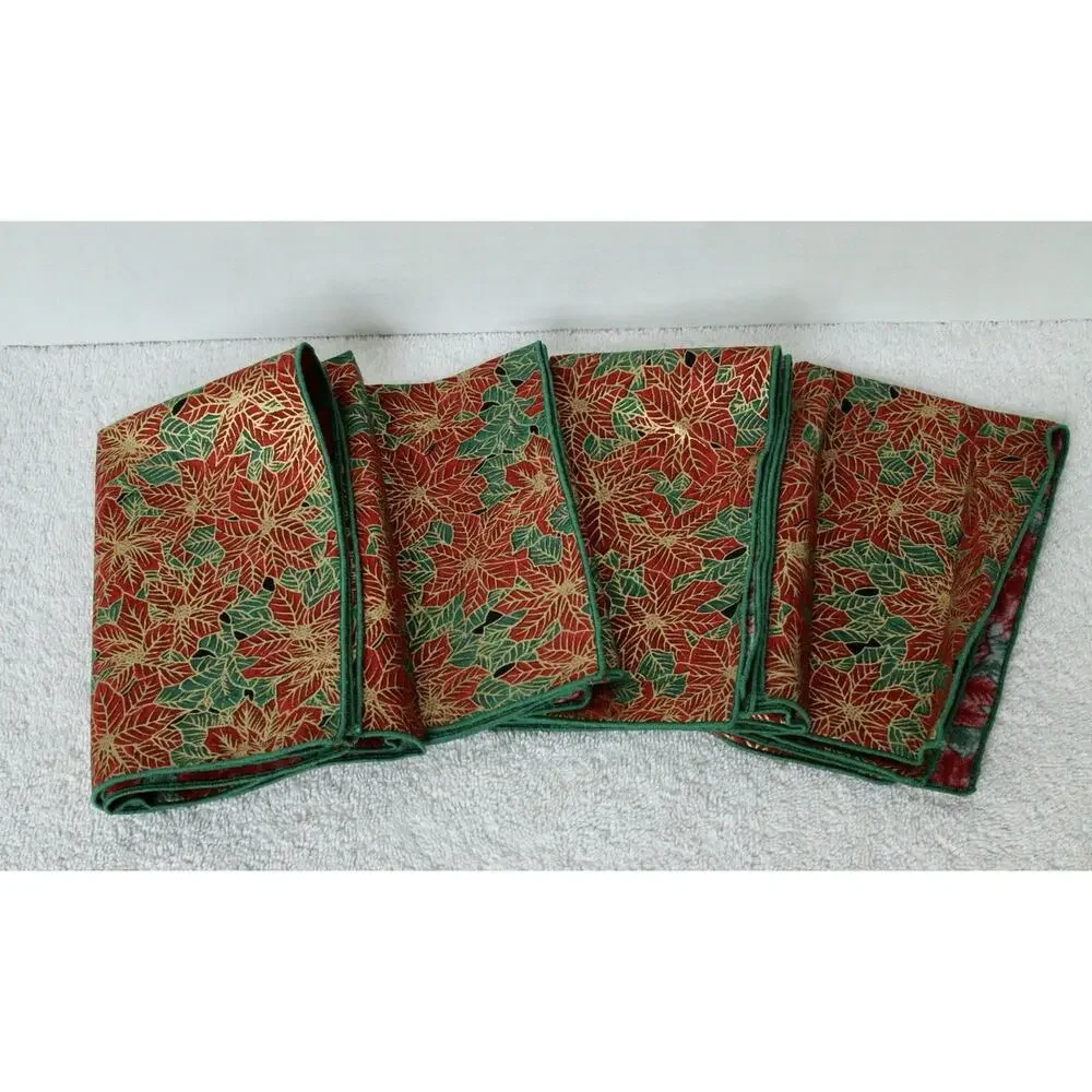 Set of 4 Christmas Poinsettia Cloth Napkins Red Green Gold Holiday Table Linen